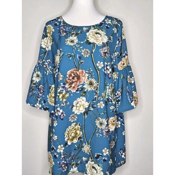 Bryn Walker Diego Tunic Teal Blue Floral Size Medium Bell Sleeves - Picture 4 of 13